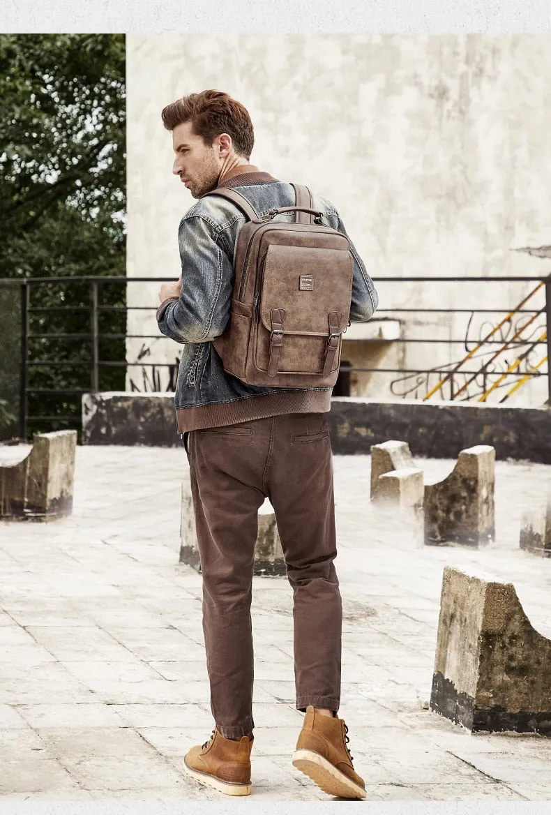 Men's Tech Backpack PU Leather Backpack - Black/Brown/Tan - 15 inches
