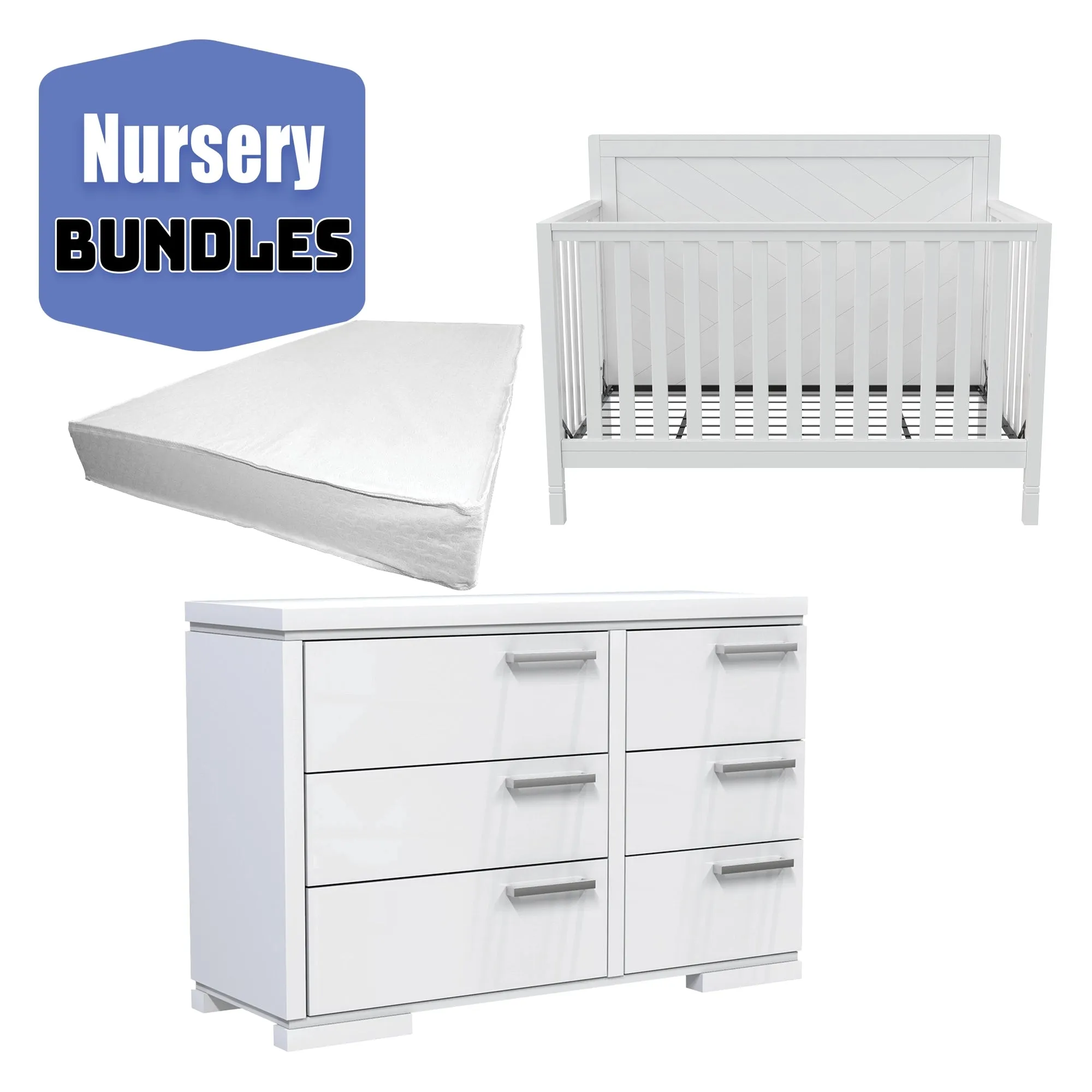 Moderna convertible crib, joe 6-drawer dresser & boobeyeh mattress