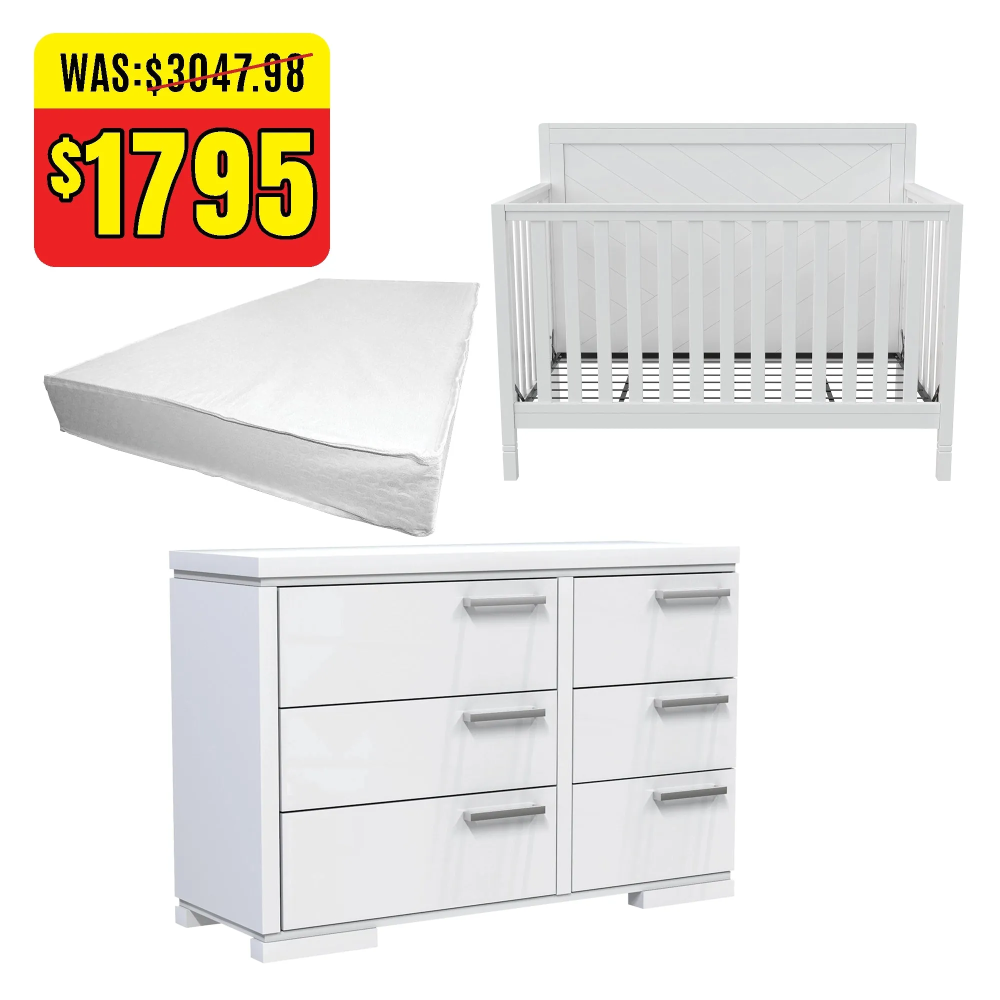 Moderna convertible crib, joe 6-drawer dresser & boobeyeh mattress