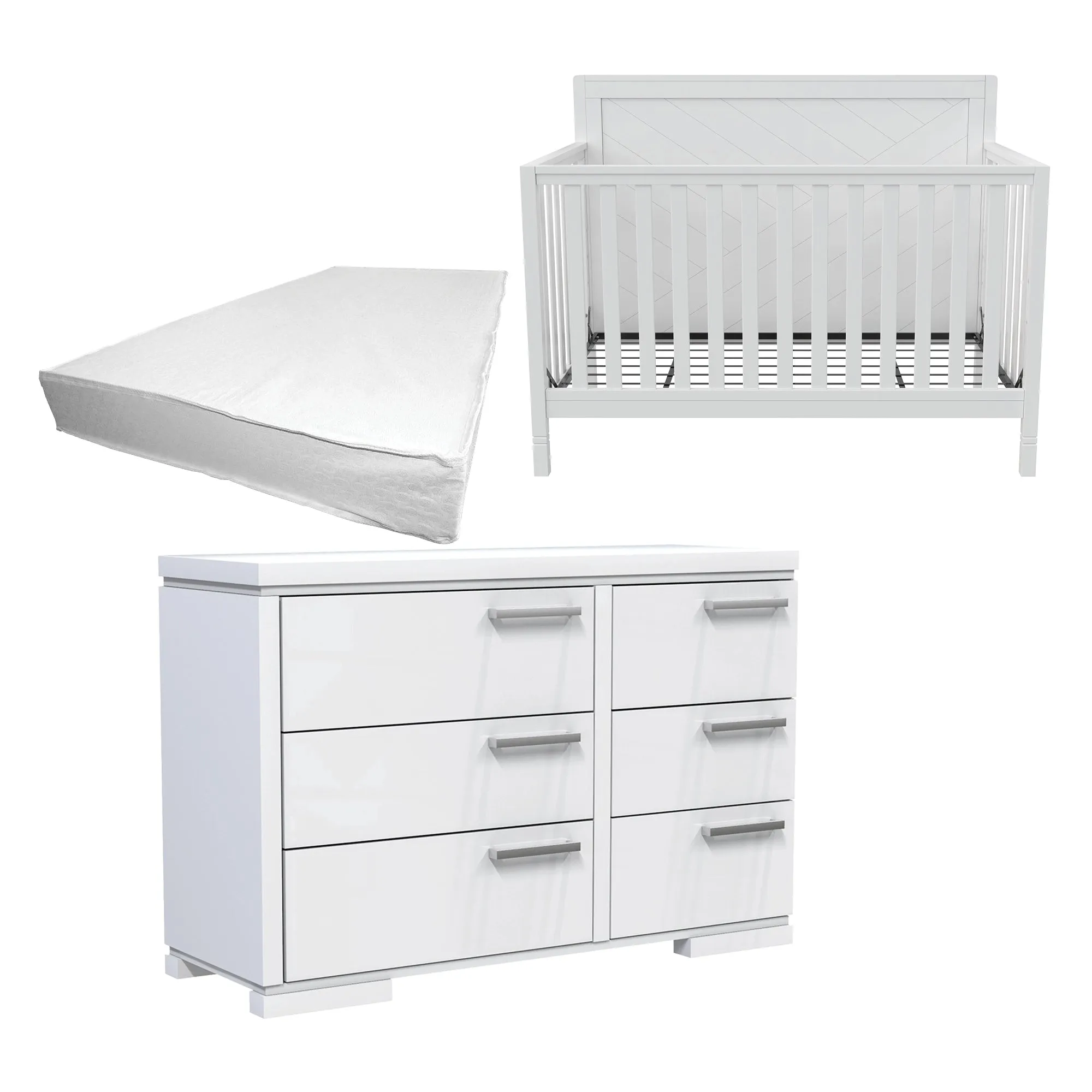 Moderna convertible crib, joe 6-drawer dresser & boobeyeh mattress