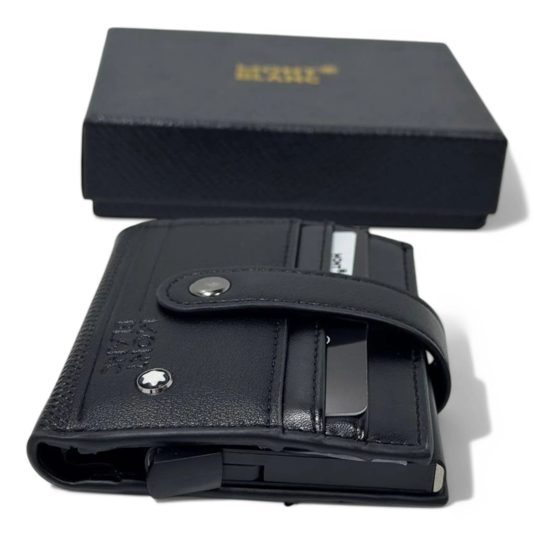 Montblanc Black Leather Smart Wallet – RFID Pop-Up Card Holder with Strap Closure | Luxury Gift Box Included