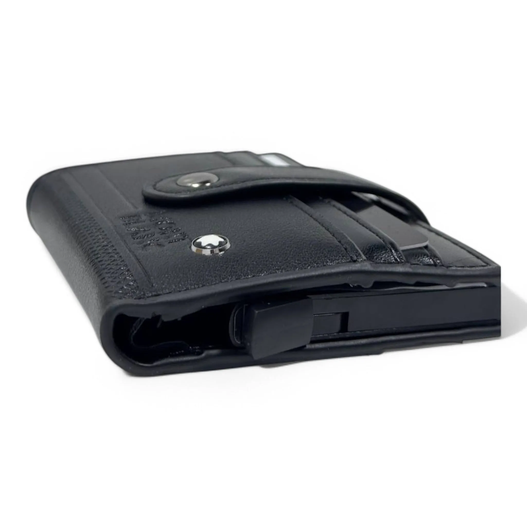 Montblanc Black Leather Smart Wallet – RFID Pop-Up Card Holder with Strap Closure | Luxury Gift Box Included