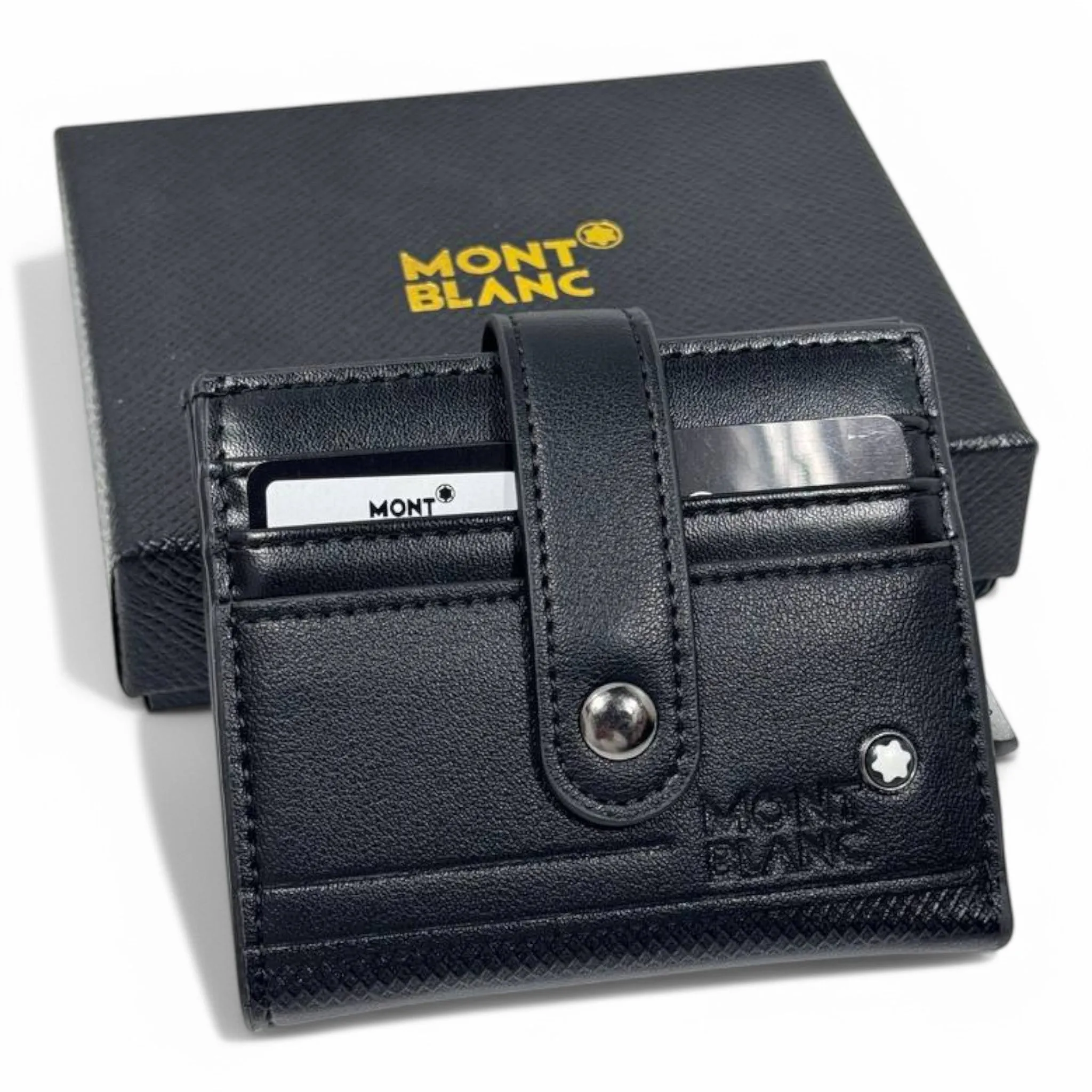 Montblanc Black Leather Smart Wallet – RFID Pop-Up Card Holder with Strap Closure | Luxury Gift Box Included