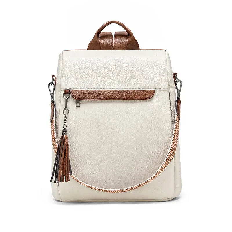 Multifunctional Vegan Leather Backpack - Black/Brown/Cream - One Size