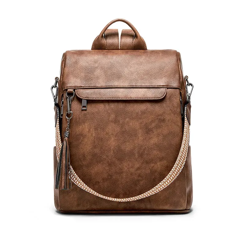 Multifunctional Vegan Leather Backpack - Black/Brown/Cream - One Size