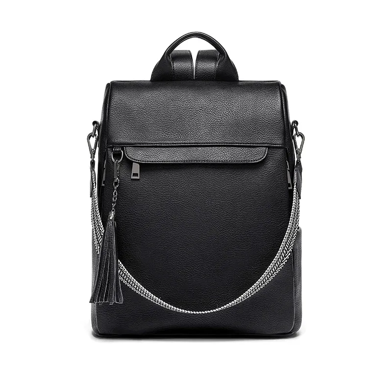 Multifunctional Vegan Leather Backpack - Black/Brown/Cream - One Size