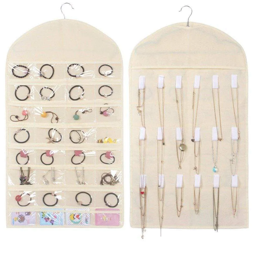 MyshineStyle Jewelry Hanging Accessories Organizer 18 Hooks 32 PVC Pockets Canvas Necklace Display Earring Holder(A-Beige)