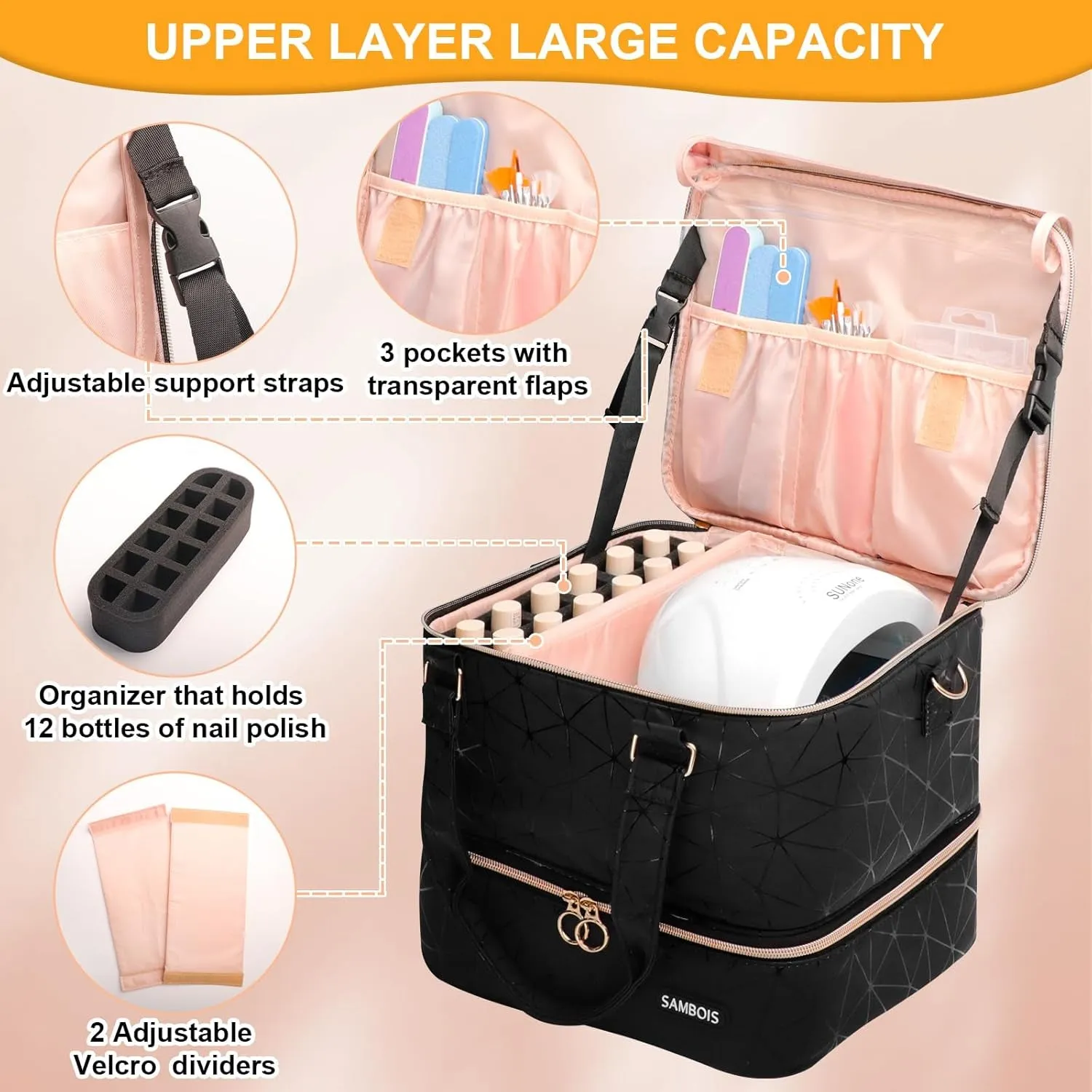 Nail Polish Organizer Bag Holds 54 Bottles (15Ml/0.5 Fl.Oz)& Nail Lamp, PU Leather Nail Supplies Organizer with Holder& Shoulder Strap, Portable Travel Nail Kit Storage Carrying Case (Black)