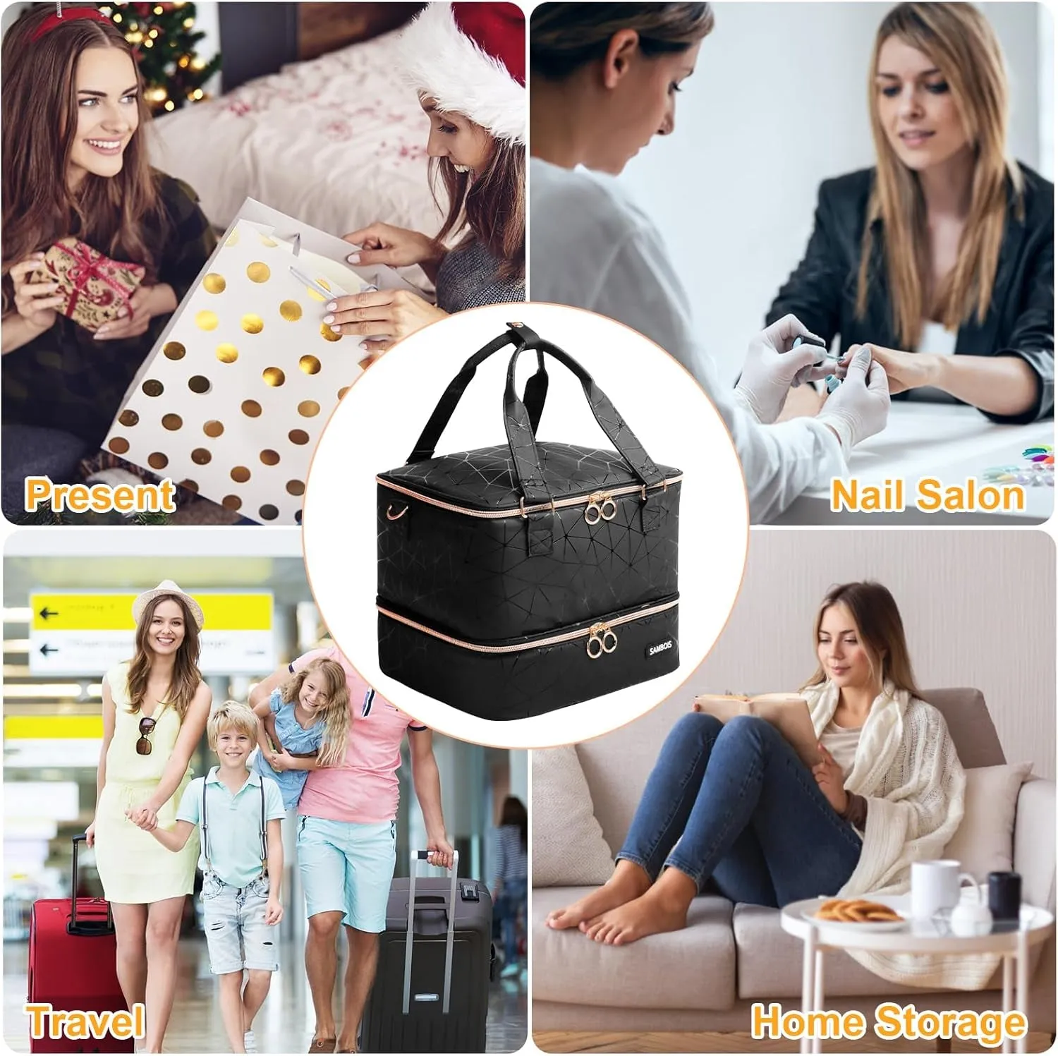 Nail Polish Organizer Bag Holds 54 Bottles (15Ml/0.5 Fl.Oz)& Nail Lamp, PU Leather Nail Supplies Organizer with Holder& Shoulder Strap, Portable Travel Nail Kit Storage Carrying Case (Black)