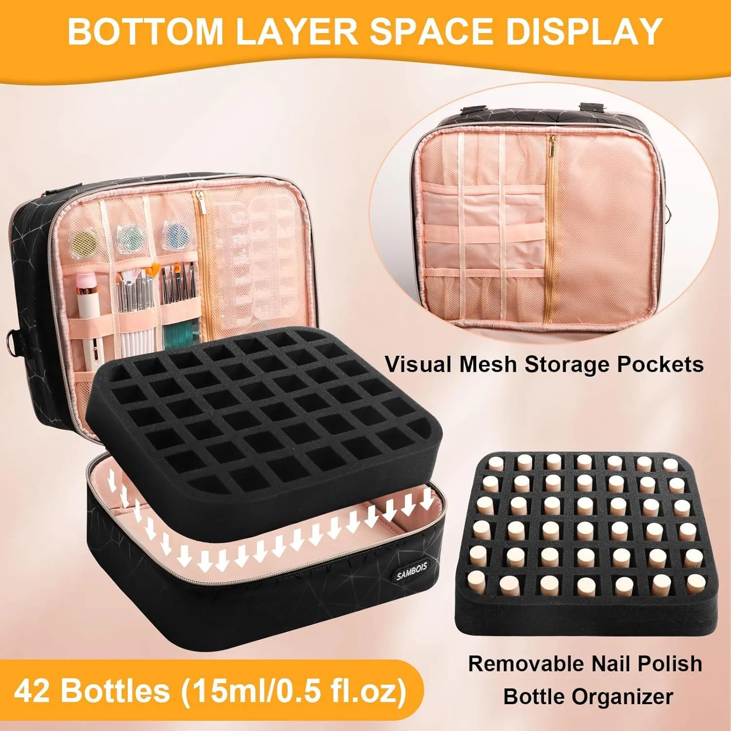 Nail Polish Organizer Bag Holds 54 Bottles (15Ml/0.5 Fl.Oz)& Nail Lamp, PU Leather Nail Supplies Organizer with Holder& Shoulder Strap, Portable Travel Nail Kit Storage Carrying Case (Black)