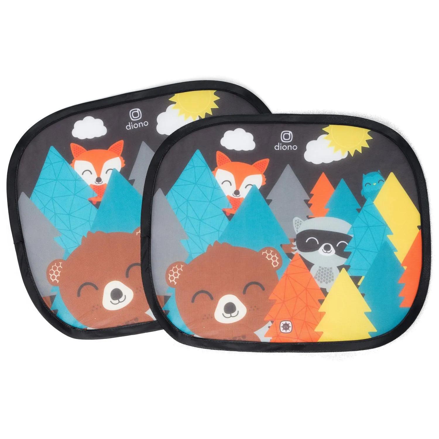New Diono Sun Stoppers® - 2 Pack Car Window Shades, Fox, Raccoon, Bear!