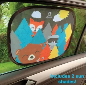 New Diono Sun Stoppers® - 2 Pack Car Window Shades, Fox, Raccoon, Bear!