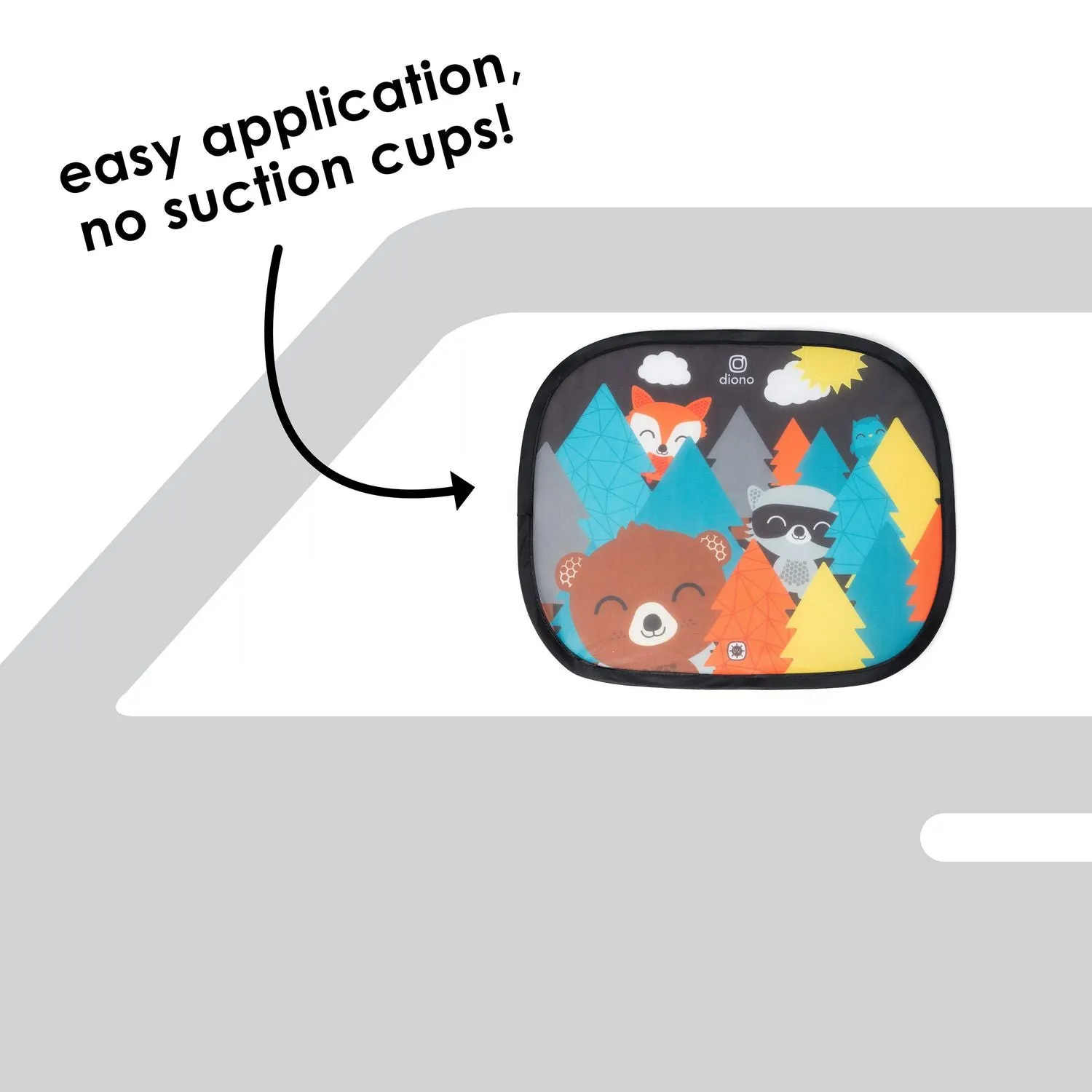 New Diono Sun Stoppers® - 2 Pack Car Window Shades, Fox, Raccoon, Bear!