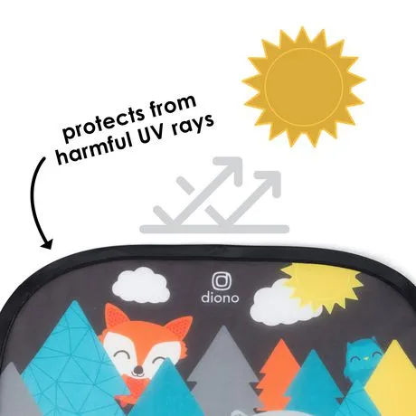 New Diono Sun Stoppers® - 2 Pack Car Window Shades, Fox, Raccoon, Bear!