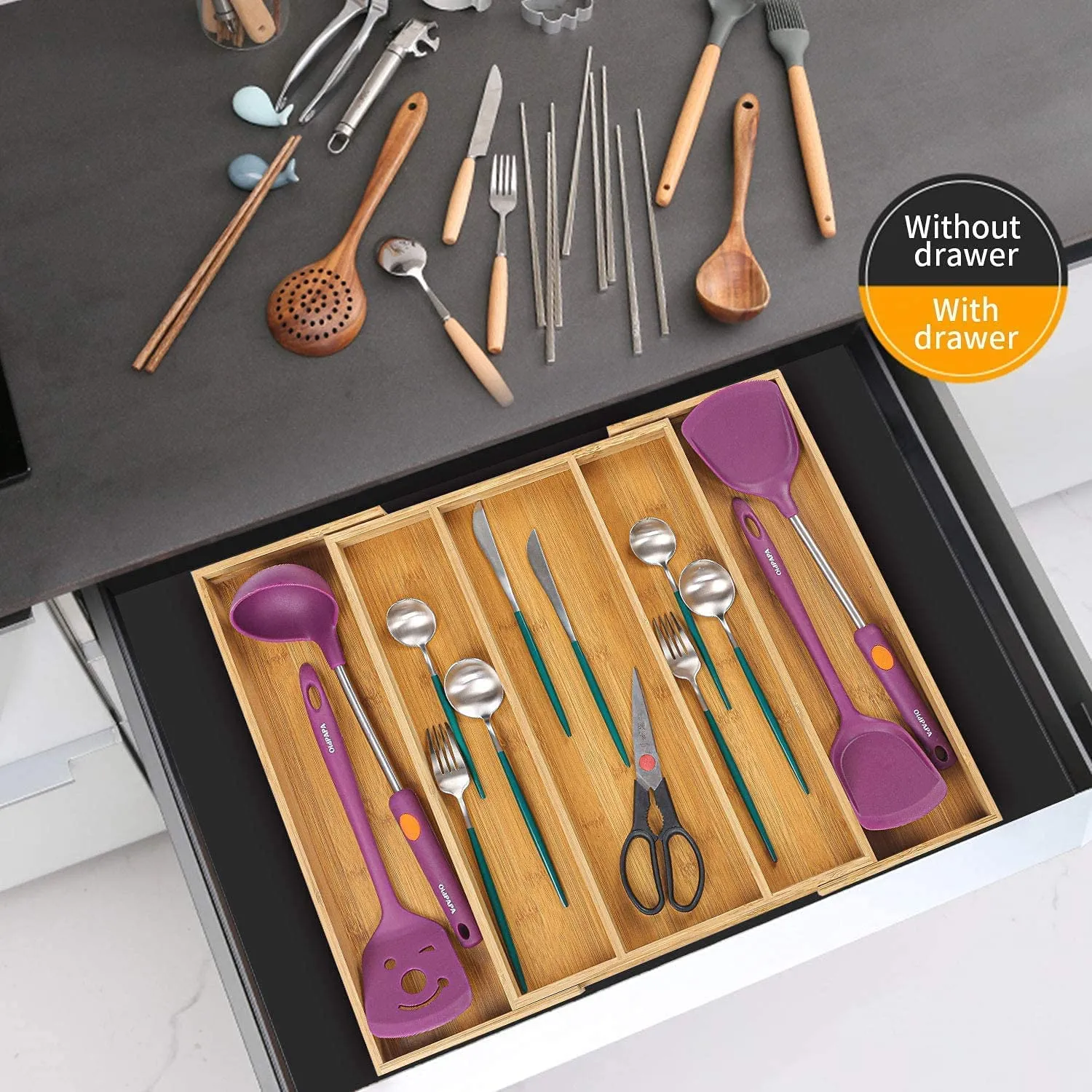 New Utoplike Bamboo Expandable Kitchen Drawer Organizer, Adjustable Utensil Holder and Cutlery Tray, Drawer Divider