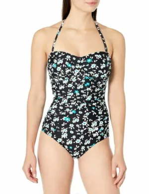New with tags! Anne Cole Swimsuit One Piece Twist Front Shirred Bandeau Floral Black & Teal, Sz 10! Retails $98 