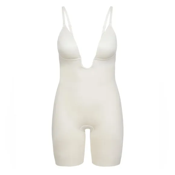NWT SPANX Suit Your Fancy Plunge Low-Back Mid-Thigh Bodysuit linen XS