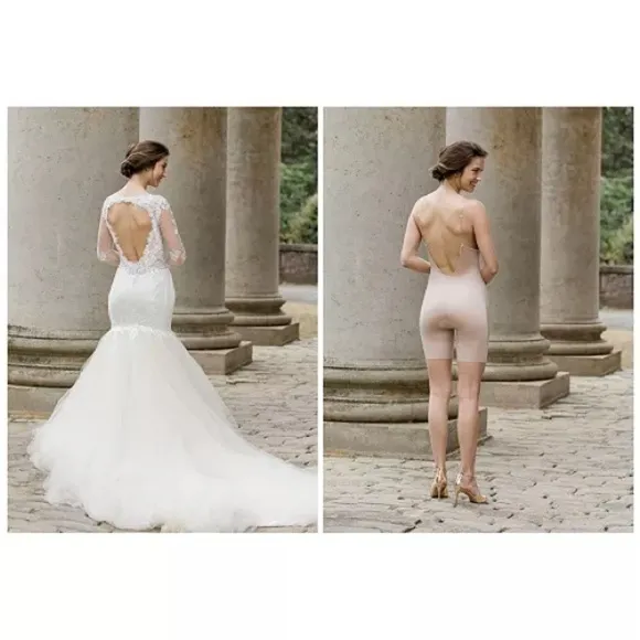 NWT SPANX Suit Your Fancy Plunge Low-Back Mid-Thigh Bodysuit linen XS