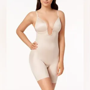 NWT SPANX Suit Your Fancy Plunge Low-Back Mid-Thigh Bodysuit linen XS