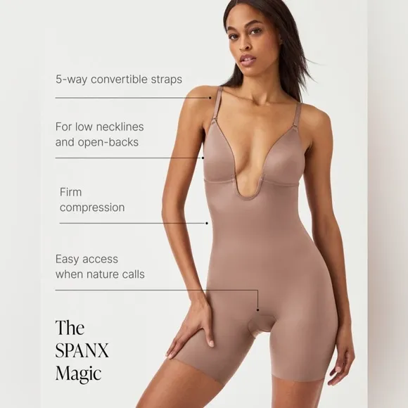 NWT SPANX Suit Your Fancy Plunge Low-Back Mid-Thigh Bodysuit linen XS