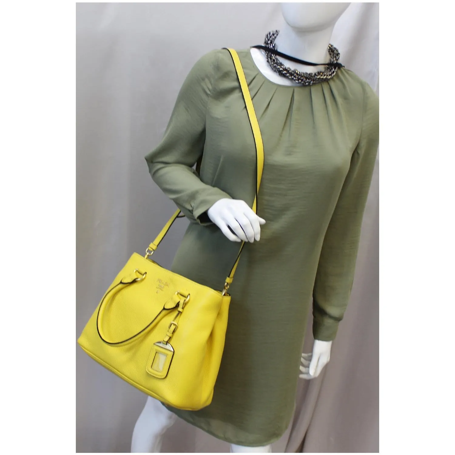 PRADA Vitello Phenix Leather Tote Bag Yellow - 25% OFF