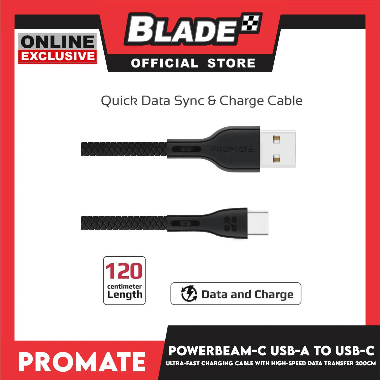 Promate 120cm Data and Charge USB-A to USB-C Cable PowerBeam-C (Black) High Tensile Strength