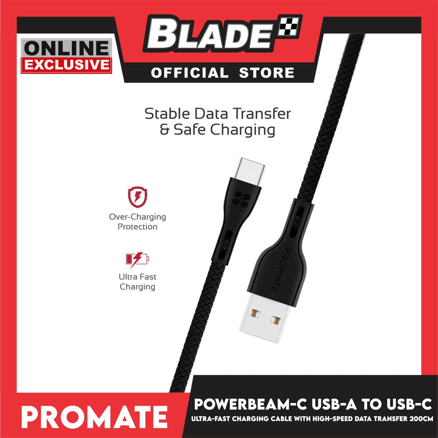 Promate 120cm Data and Charge USB-A to USB-C Cable PowerBeam-C (Black) High Tensile Strength