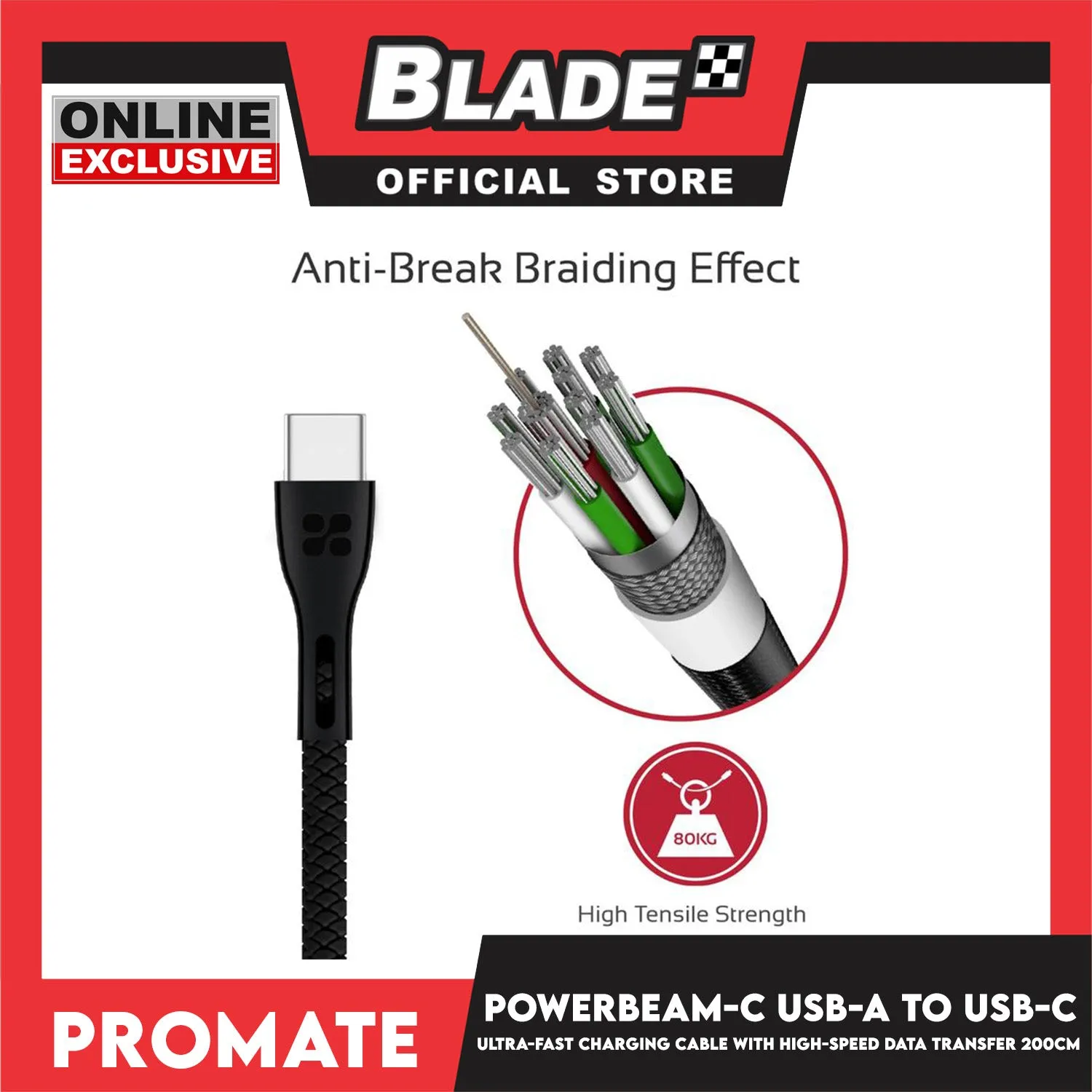 Promate 120cm Data and Charge USB-A to USB-C Cable PowerBeam-C (Black) High Tensile Strength