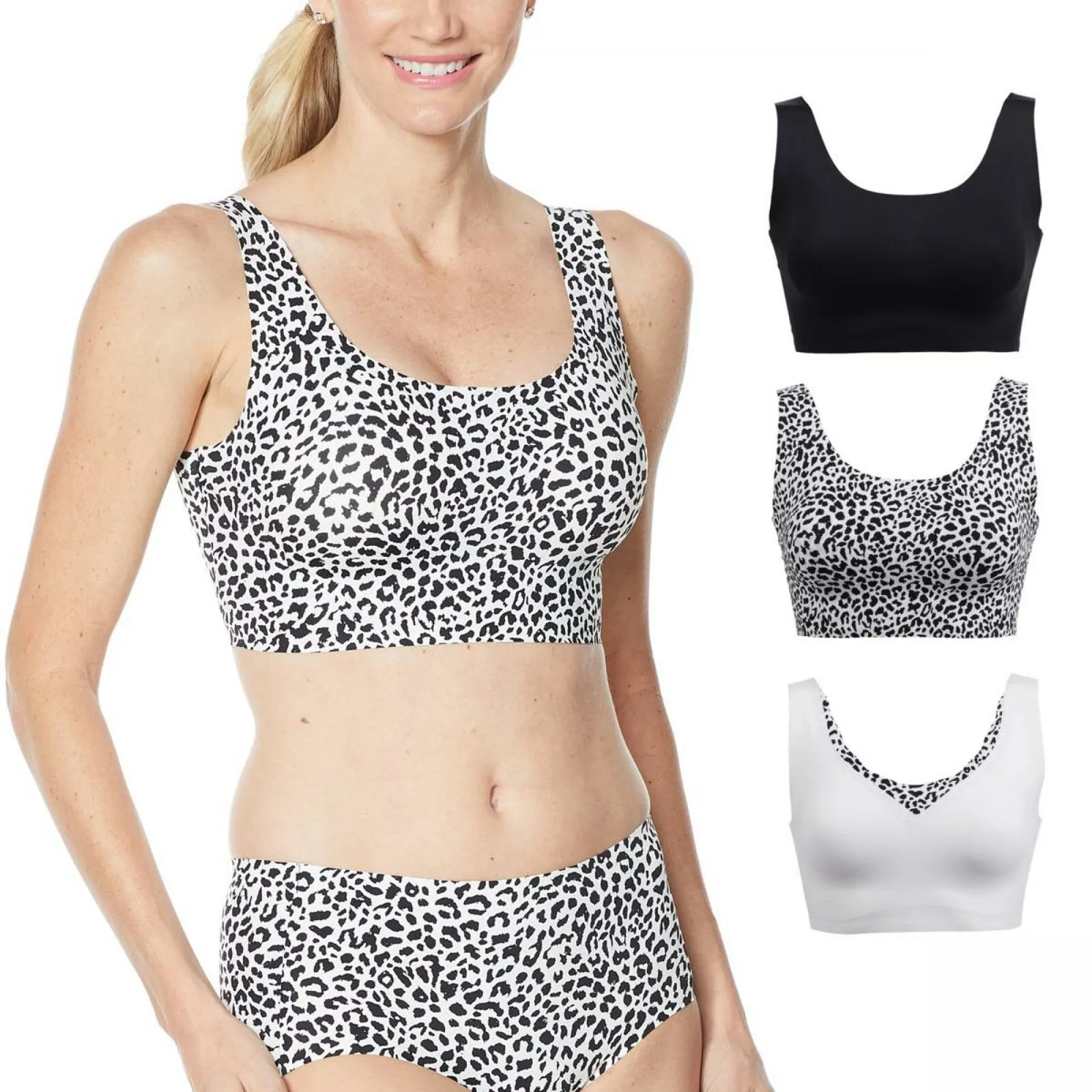 Rhonda Shear Pack Body Bras With Removable Pads Black/ Snow Leopard/ White Large