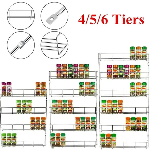 Silver Kitchen Spice Rack Cabinet Shelf Organizer Storage Wall Mount Holder