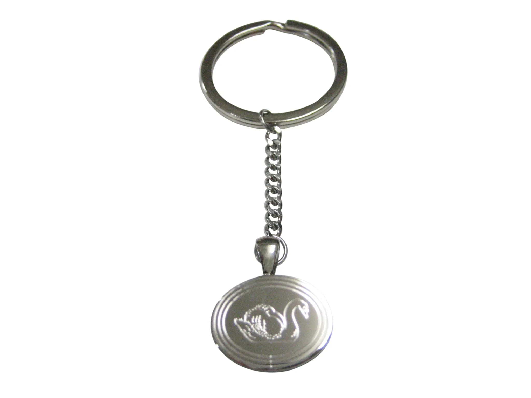 Silver Toned Oval Etched Swan Bird Pendant Keychain