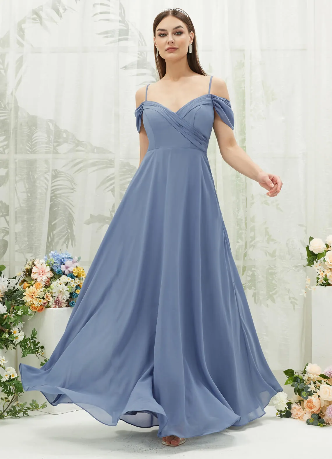 Slate Blue Chiffon Cold Shoulder Sweetheart Bridesmaid Dress Pocket