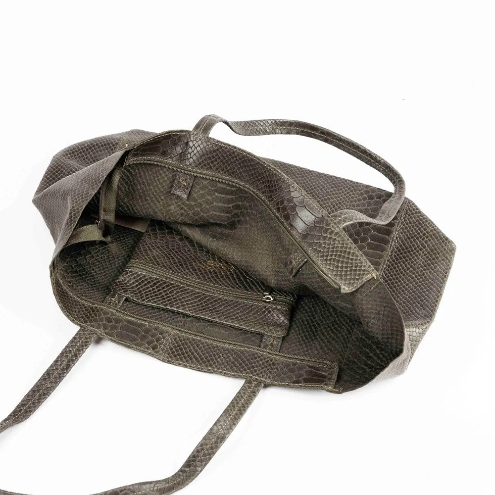 SNAKE PRINT LEATHER TOTE - KHAKI