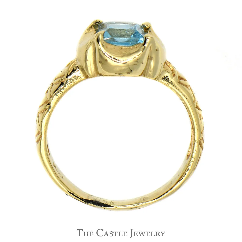 Square Shaped Blue Topaz Ring in 14k Yellow Gold Concave Mounting with Ornate Sides