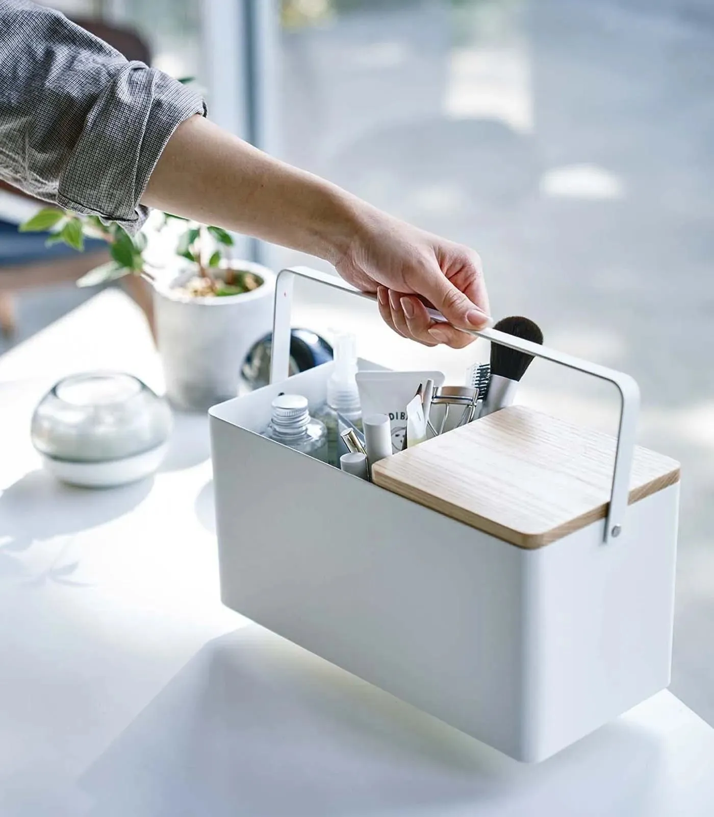 Steel   Wood Makeup Organizer with Mirror · Yamazaki Home
