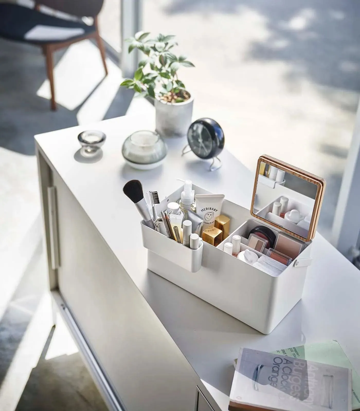 Steel   Wood Makeup Organizer with Mirror · Yamazaki Home