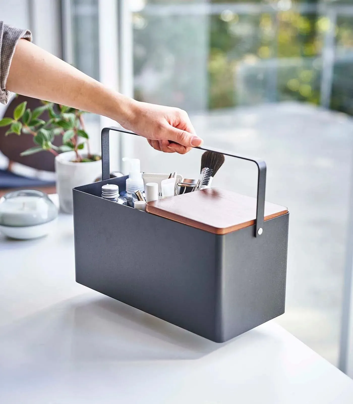 Steel   Wood Makeup Organizer with Mirror · Yamazaki Home