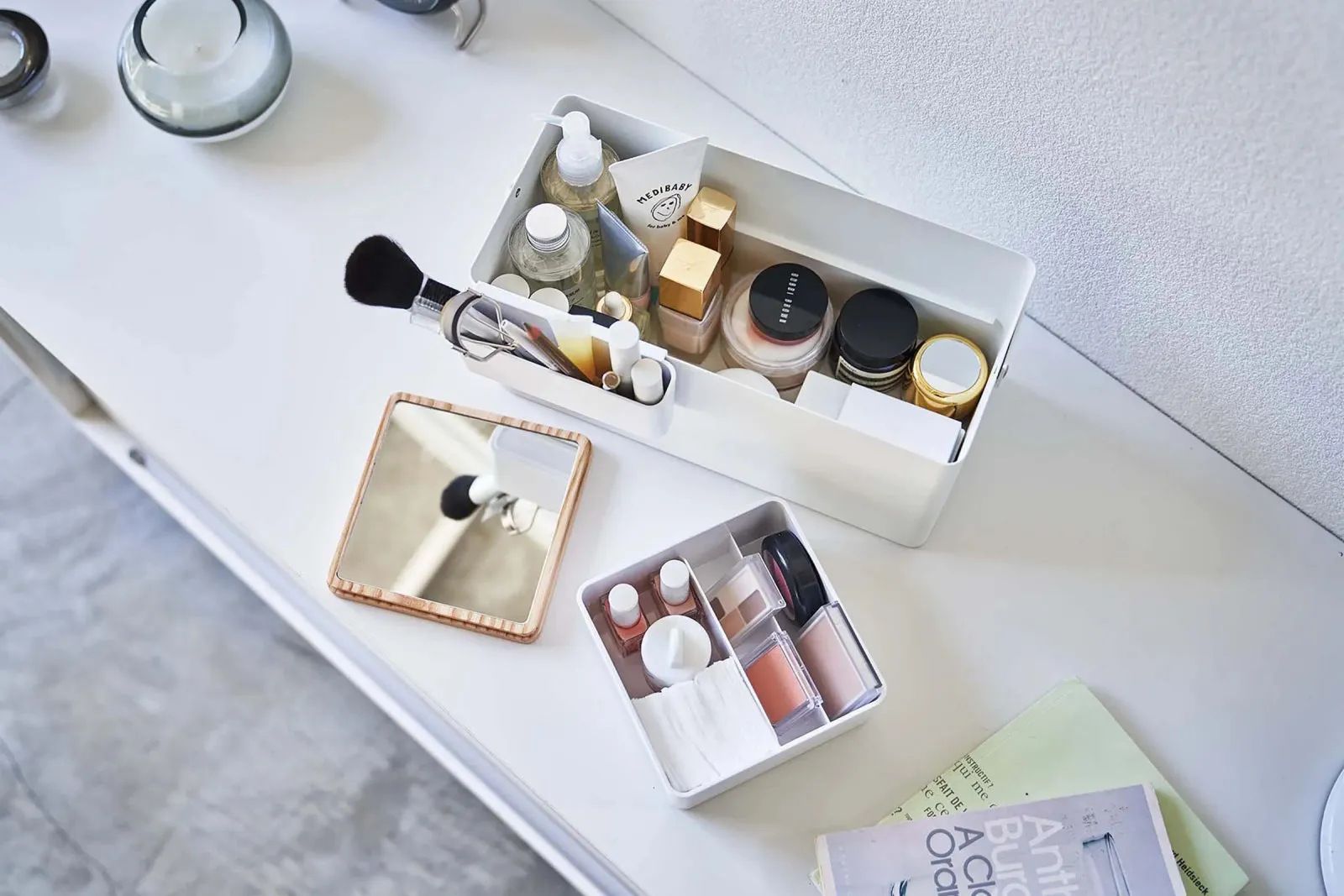 Steel   Wood Makeup Organizer with Mirror · Yamazaki Home