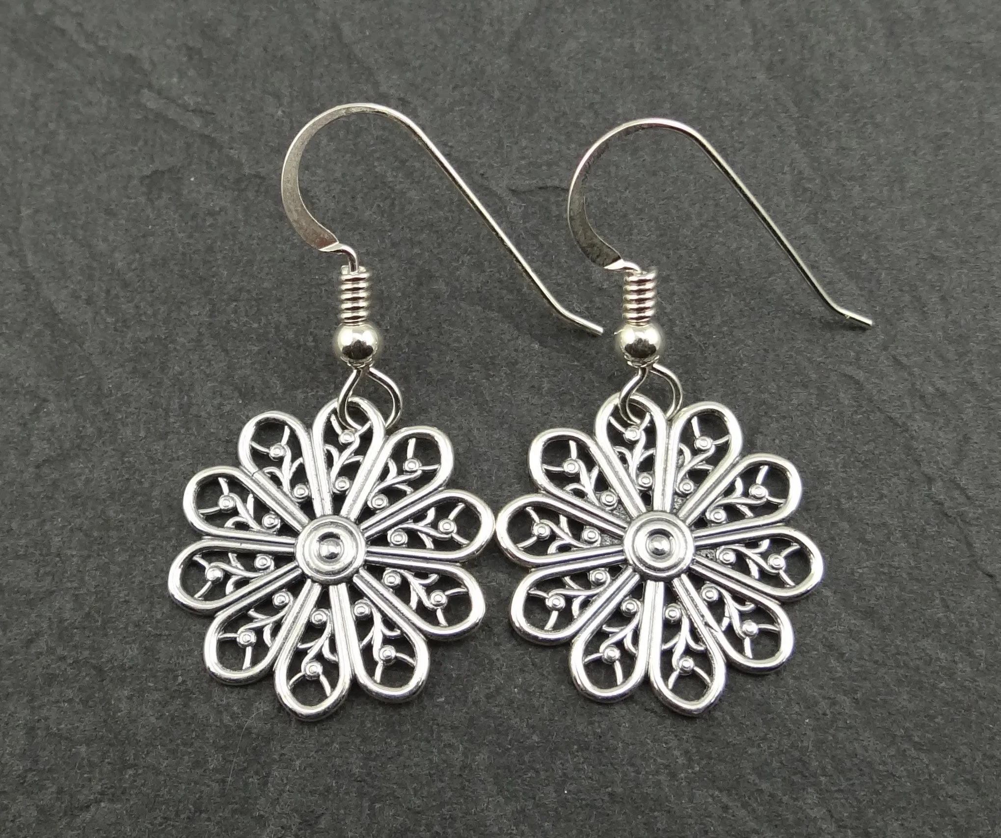 Sterling Silver Antiqued Filigree Flower Earrings