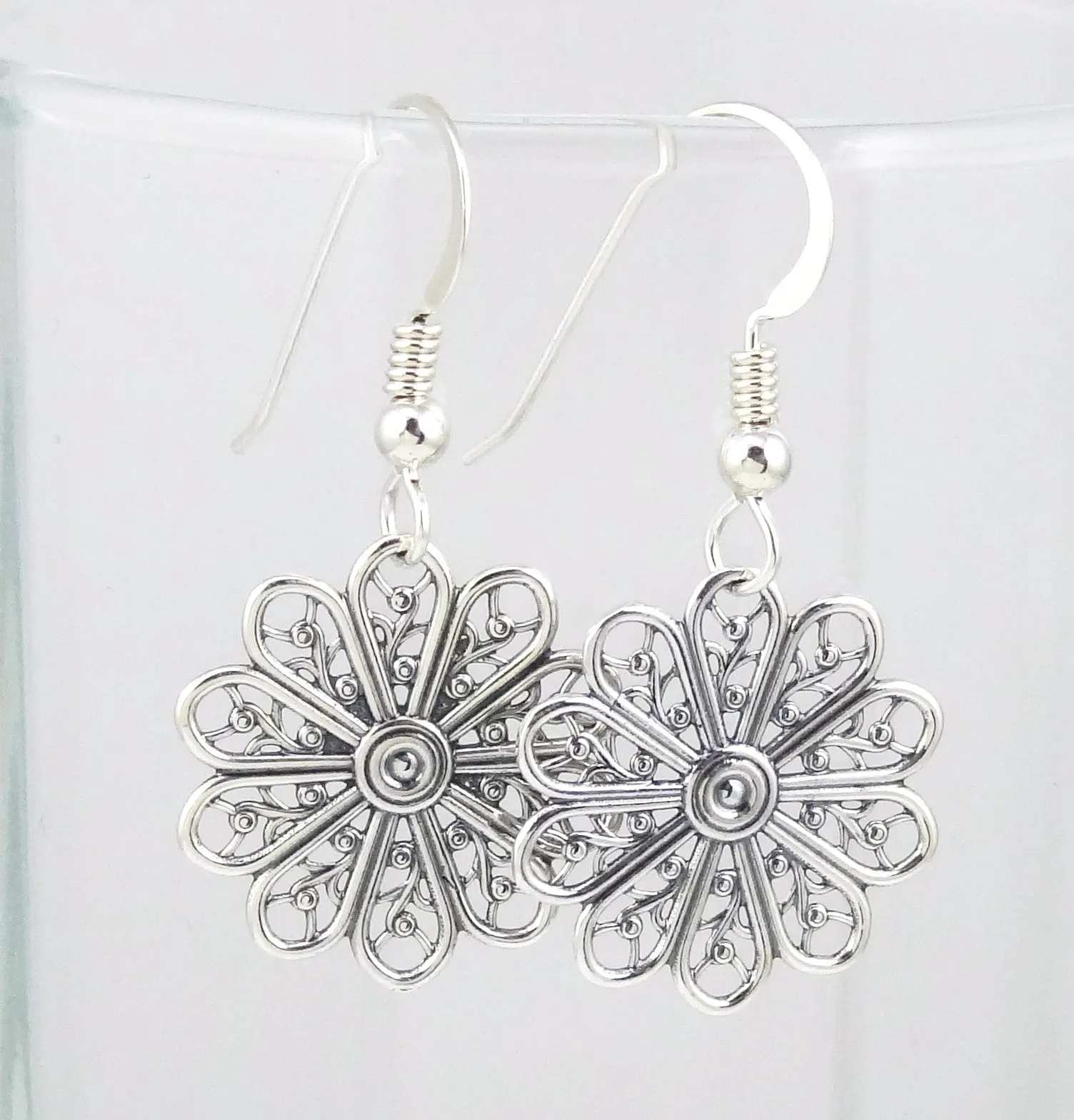 Sterling Silver Antiqued Filigree Flower Earrings