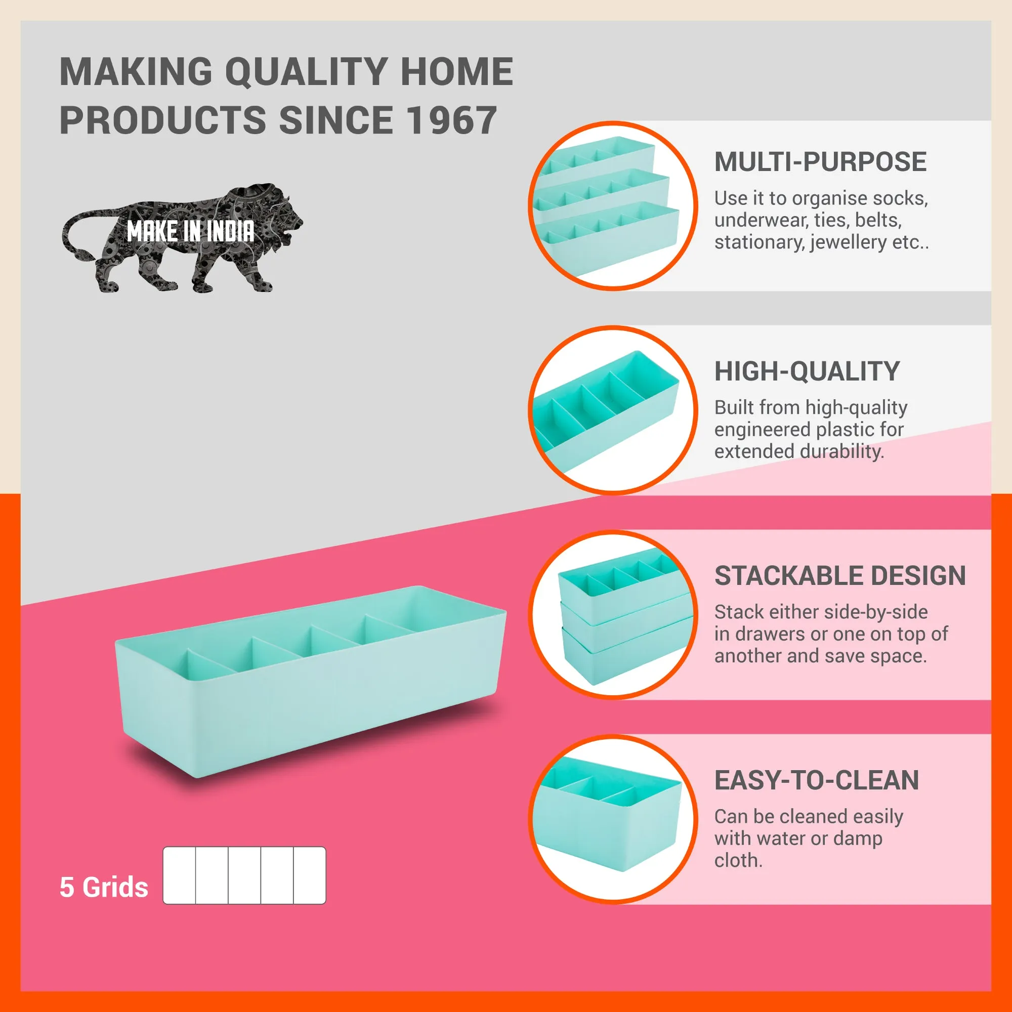 Stomo Dori Multi-Purpose Stackable Drawer Organizer For Home | Jade - Set of 4