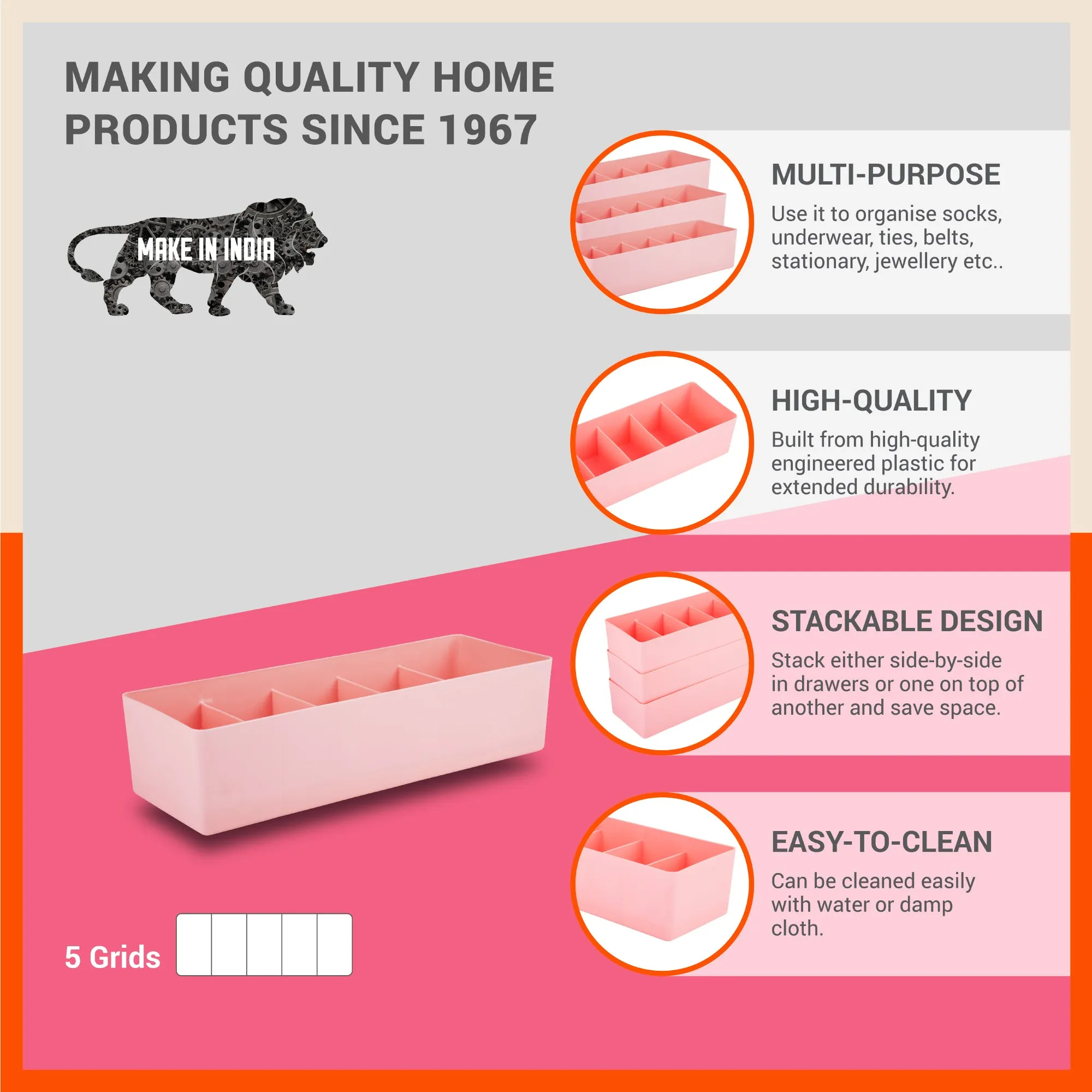 Stomo Dori Multi-Purpose Stackable Drawer Organizer For Home | Peach - Set of 4