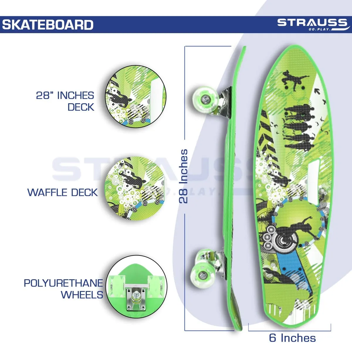 STRAUSS Cruiser Fishboard | Penny Skateboard | Casterboard | Hoverboard | Anti-Skid Board with ABEC-7 High Precision Bearings | PU Wheel with Light |Ideal for All Skill Level (28 X 6 Inch), (Vibrant Green)