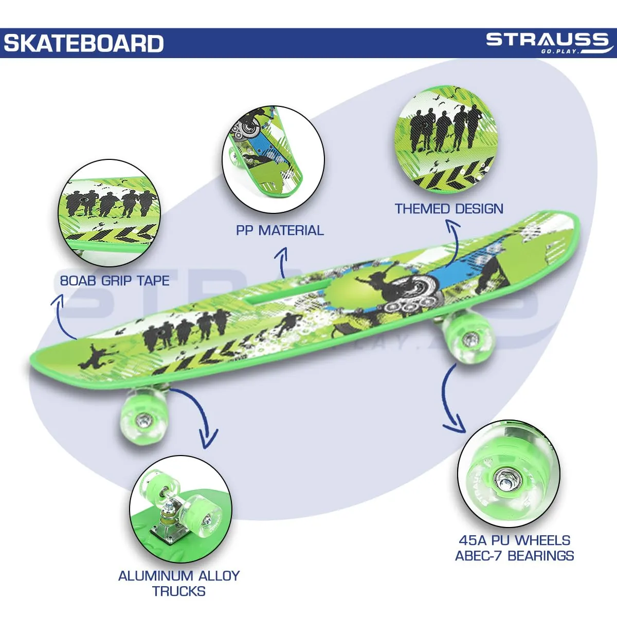 STRAUSS Cruiser Fishboard | Penny Skateboard | Casterboard | Hoverboard | Anti-Skid Board with ABEC-7 High Precision Bearings | PU Wheel with Light |Ideal for All Skill Level (28 X 6 Inch), (Vibrant Green)