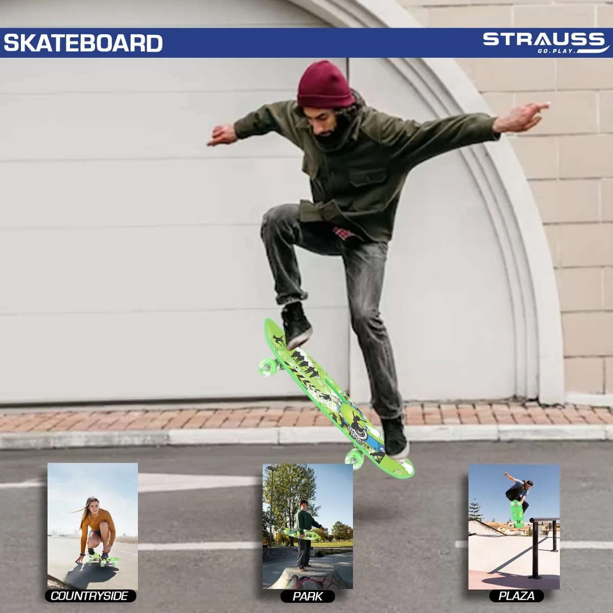 STRAUSS Cruiser Fishboard | Penny Skateboard | Casterboard | Hoverboard | Anti-Skid Board with ABEC-7 High Precision Bearings | PU Wheel with Light |Ideal for All Skill Level (28 X 6 Inch), (Vibrant Green)