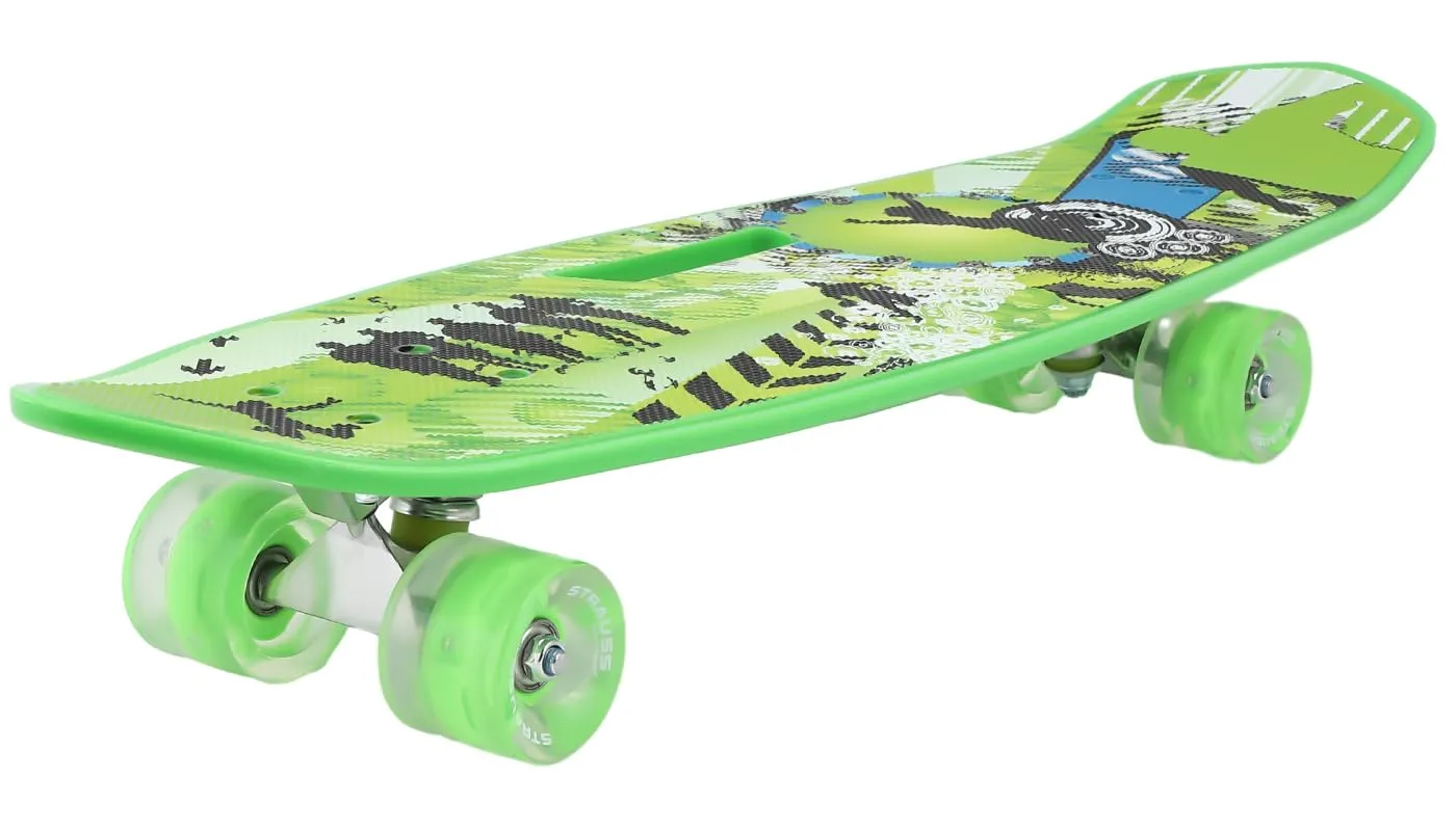 STRAUSS Cruiser Fishboard | Penny Skateboard | Casterboard | Hoverboard | Anti-Skid Board with ABEC-7 High Precision Bearings | PU Wheel with Light |Ideal for All Skill Level (28 X 6 Inch), (Vibrant Green)
