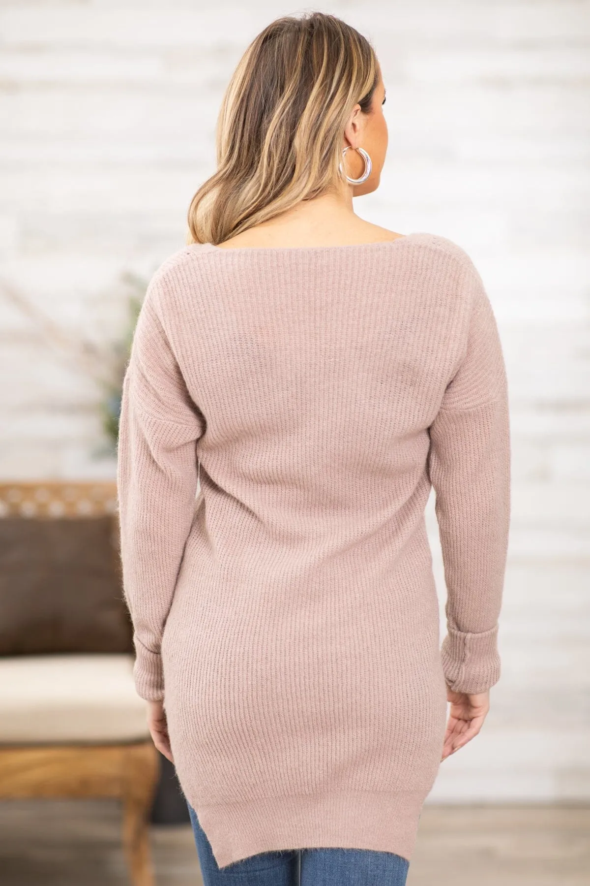 Tan V-Neck Lightweight Tunic Sweater