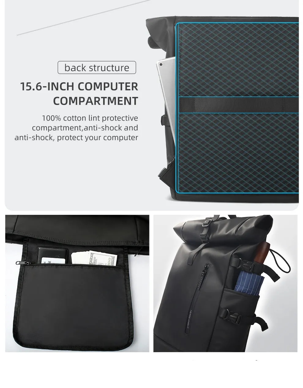 VenturePro Waterproof Roll Top Smart Backpack - Black Oxford - 15 inches