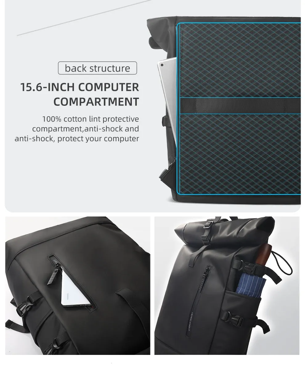 VenturePro Waterproof Roll Top Smart Backpack - Black Oxford - 15 inches