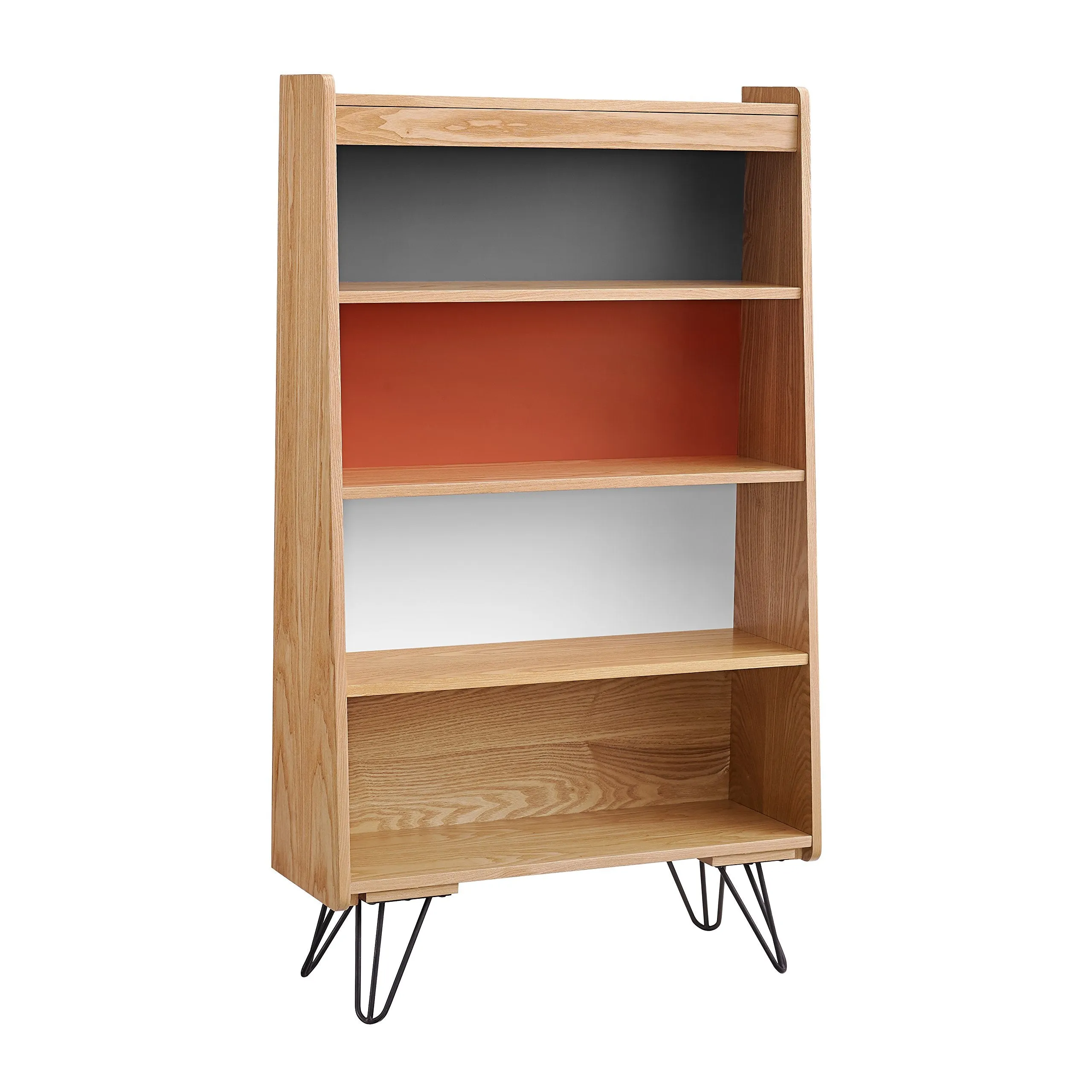 Wooden Bookcase with Shelved Compartments and Hairpin Legs, Multicolor